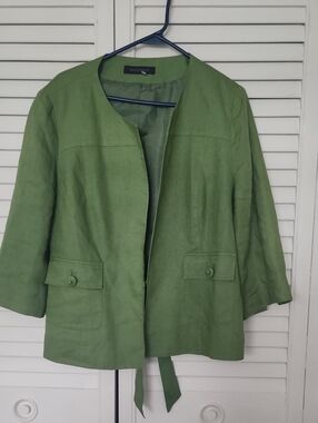 100 & Linen Green Linen Blend Open Jacket - Women Eye Hook Close